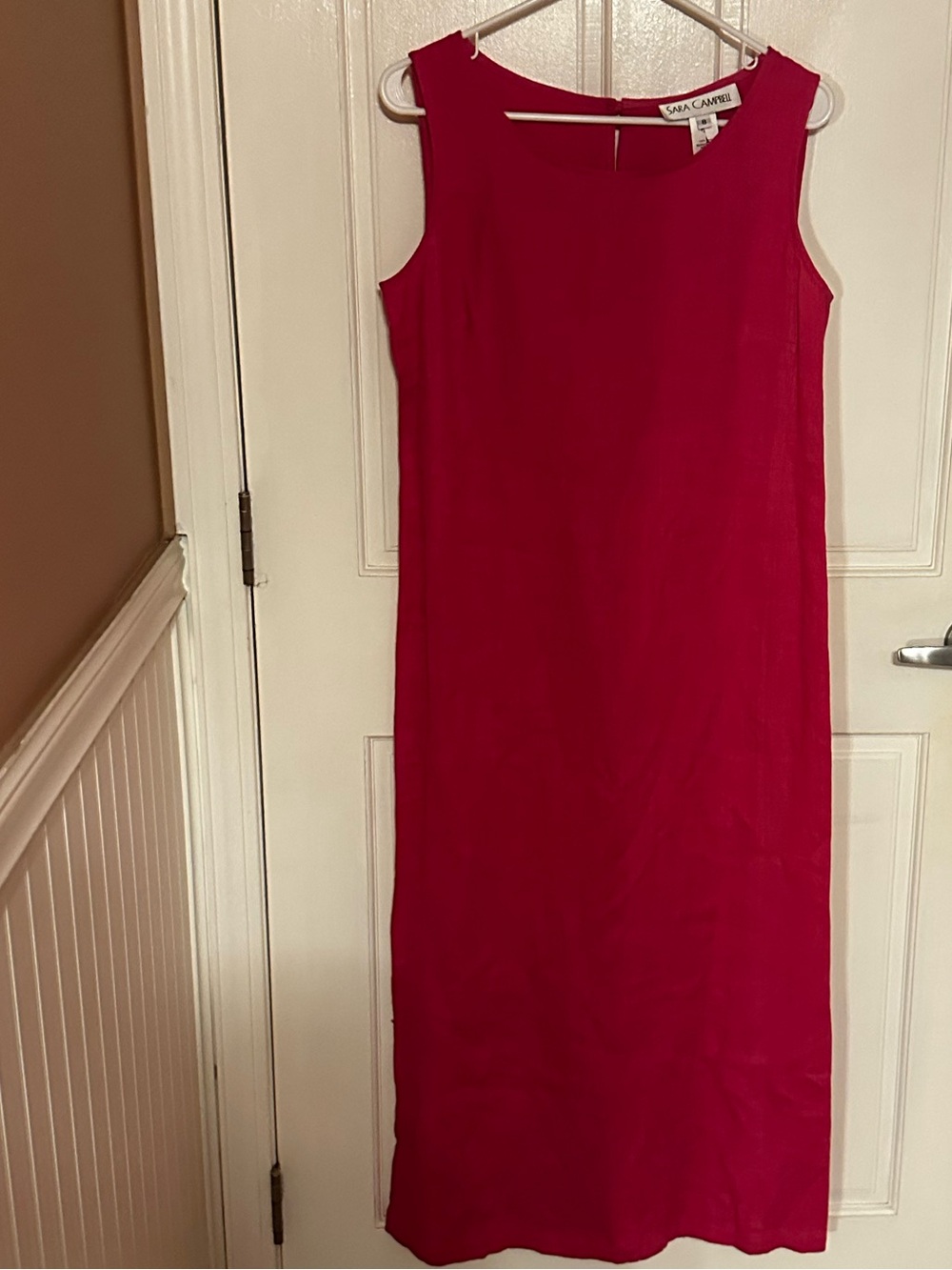 Vintage Sara Campbell Sleeveless 100% Linen Fuchsia Maxi Shift Dress